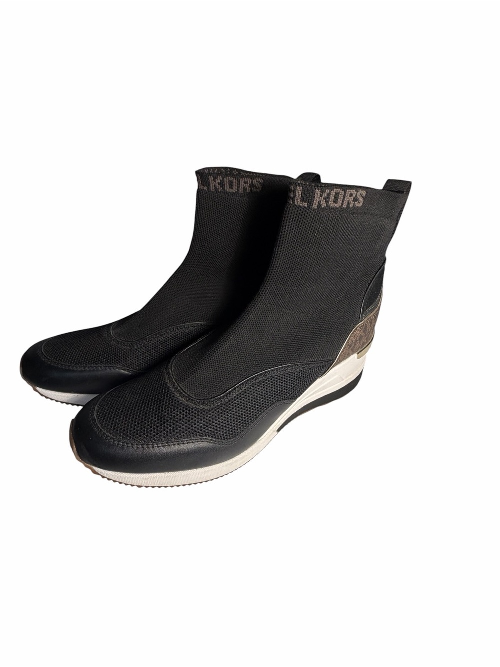 Michael Kors Black Knit Slip-On Wedge Bootie Sneakers with Brown Accents Sz 11
